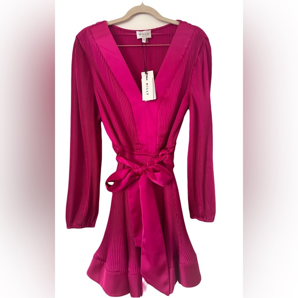 NWT Milly Women's Liv Pleated Satin Dress Color Fuschia Size 8 - Picture 2 of 3